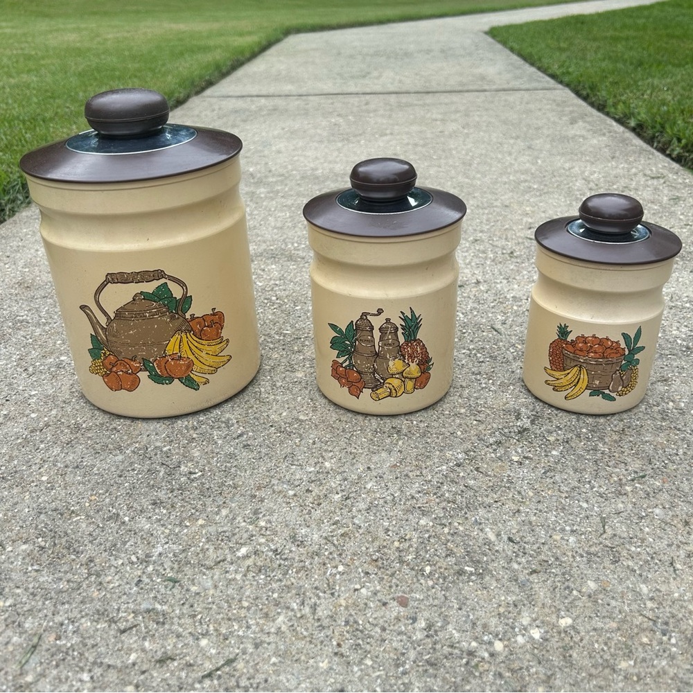 3 Kromex Canisters Lids Nesting Mushrooms Veggies Vintage 70s Decor